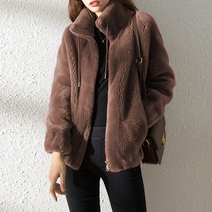 Frauen Winter Doppel Korallen Fleece Warme Mantel Stehkragen Plüsch Dicken Mantel Weibliche Mode Casual Langarm Zipper Kleidung.