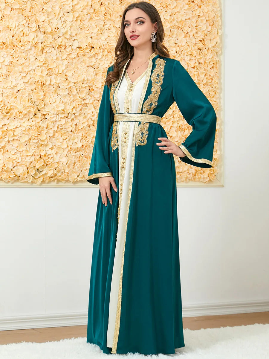 Maßgeschneiderte muslimische Sets, elegante muslimische Frauen, Sommer, langärmelig, V-Ausschnitt, Polyester, lila, 2-teiliges Kleid, Mantel, passende Sets, Muslim