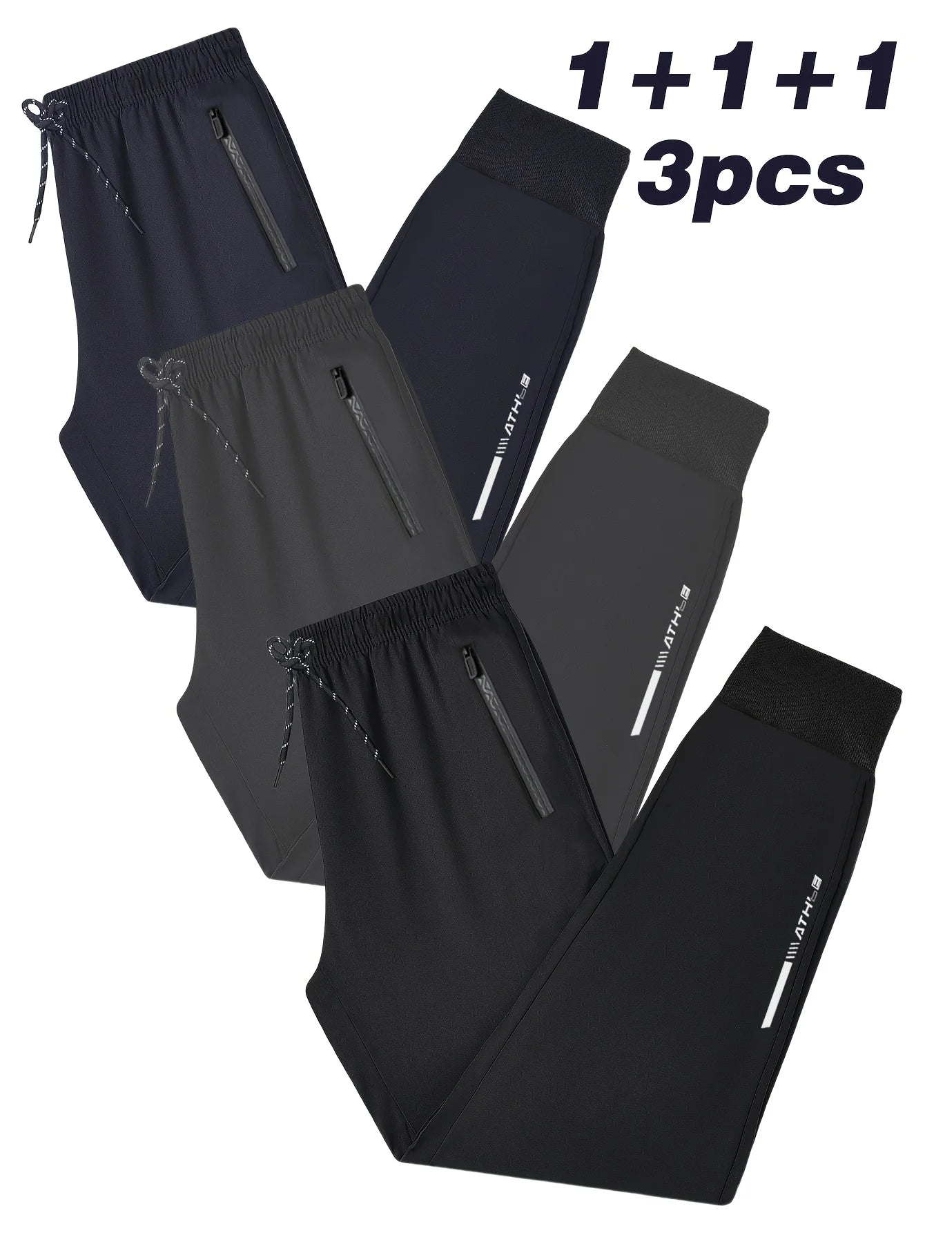 3 Pack Mens Jogger Pants Zipper Ankle Cuff Slim Fit Stretch Casual Running Lounge Sweatpants Trousers for Gym Workout Training.