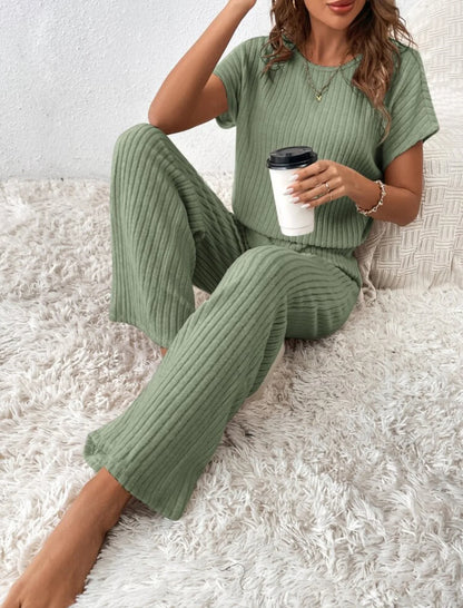 Two Piece Pant Sets Women Straight Pants Tops Pullover Short Sleeve Round Neck Spliced Top Solid Casual Streetwear Summer.