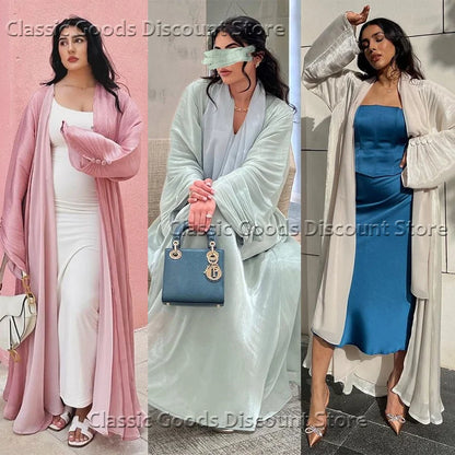 2025 Ramadan Satin muslimischen bescheidenen Kleid arabische Frauen öffnen Abaya Dubai islamische Langarm Cardigan Kleidung Truthahn schlichte Robe.