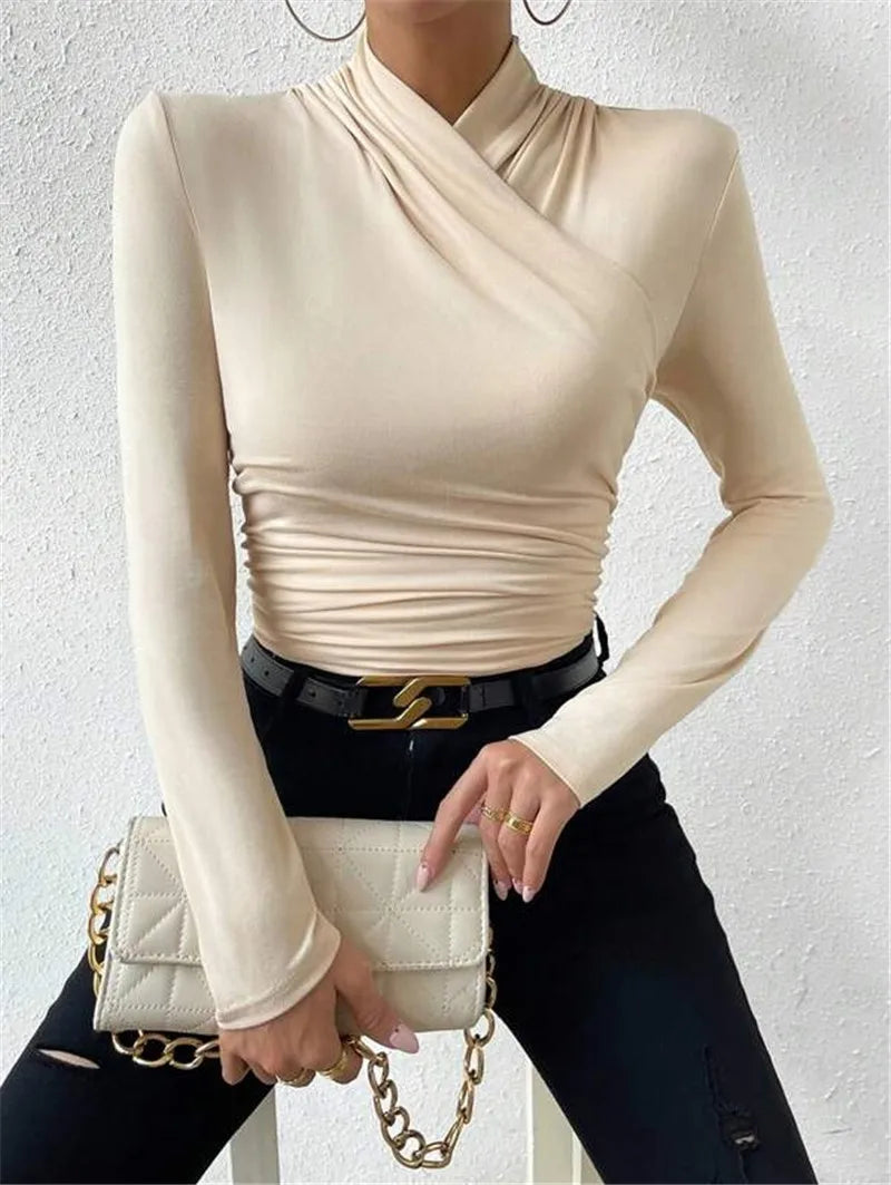 Women's Clothing Autumn Winter Tshirts New Design Cross Neckline Versatile Pleated T-shirt Comfortable Fashion Slim Fit Sexy Top.