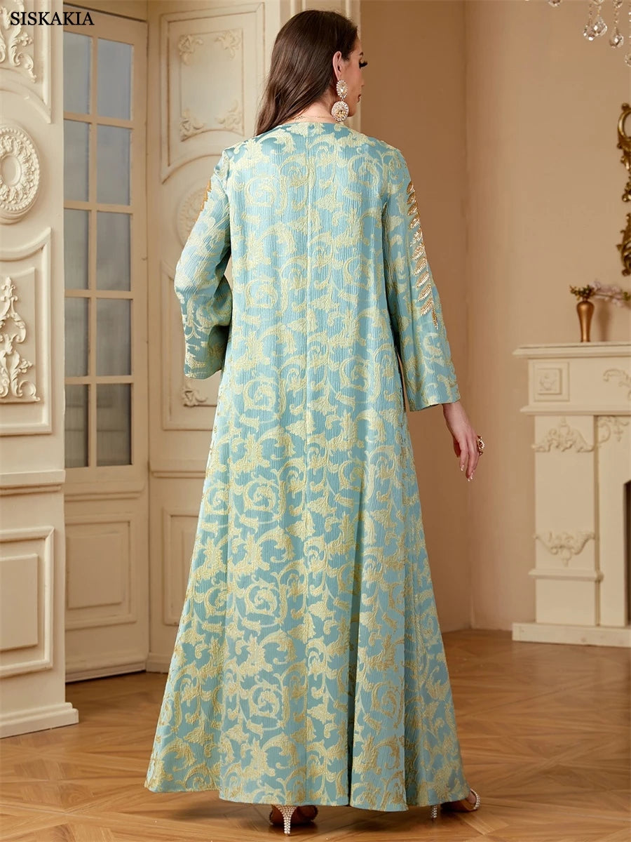 Siskakia Ramadan Dubai Elegant Floral Print Abayas For Muslim Women's Jacquard Beading Kebaya O-Neck Long Dresses.