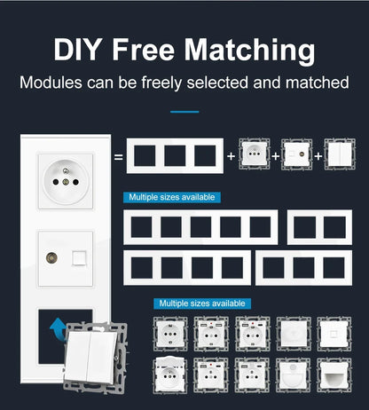 SRAN F6 Serie mehrere Rahmen Weiße Panel aus gehärtetem Glas, EU FR UN-Steckdosen und Schalter Dimmer-Lüfter-Fußlampe Rj45-Modul DIY.