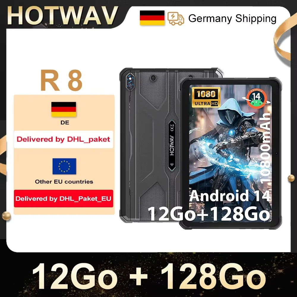 Rugged Tablet HOTWAV R8, 12 (4+8) Go + 128Go, 10.1'', 5MP Front + 13MP Rear Cameras, Android 14.0, 10800mAh Battery, Dual SIM, GPS, 4G.