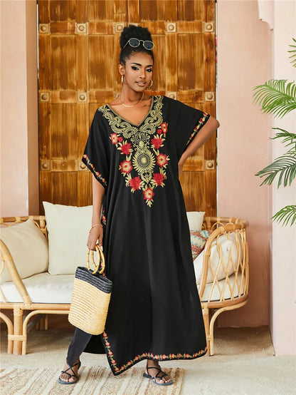 Women Embroidered Kaftan Dress Caftan Loungewear Long Bathing Suit Cover Up Beach Wear Vacation Outfit Loose Summer Women's Robe.