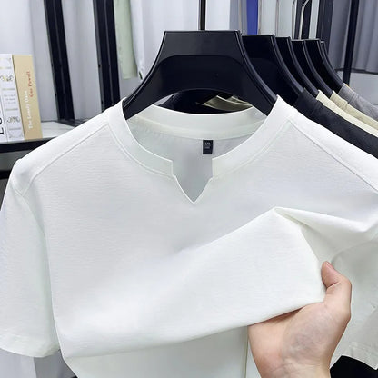 Korean Men's Casual and Fashionable Small V-neck Solid Color Short Sleeved T-shirt Comfortable Summer Versatile Top.