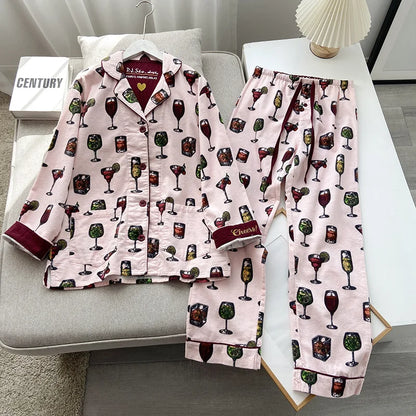 2025 New Pajamas Suit Cotton 2 Piece Set Women Print Cartoon Nightwear Long Sleeve Trousers Set Autumn Loungewear Home Clothes.
