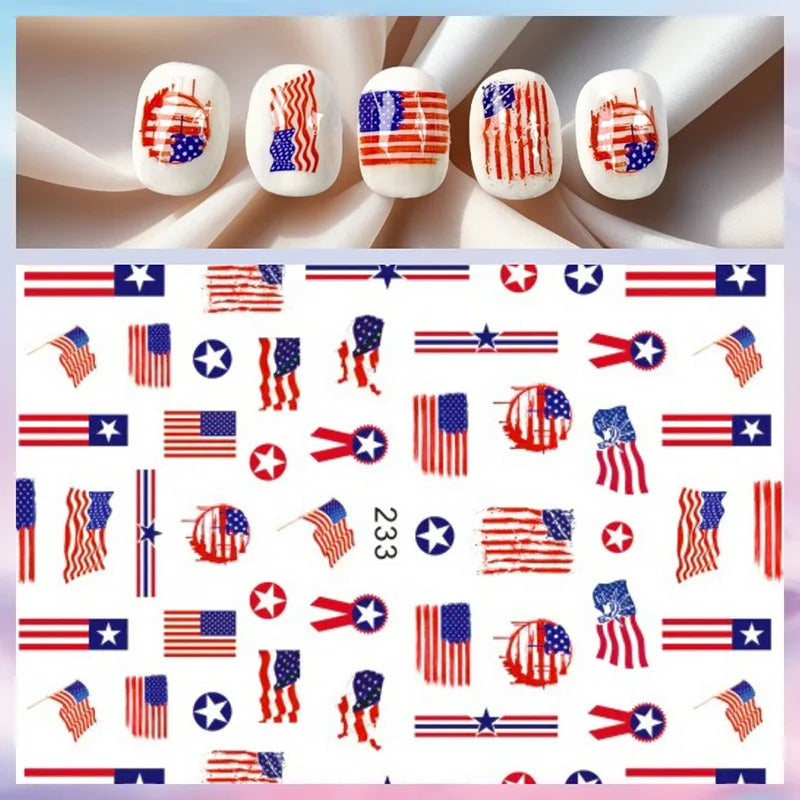 8Pcs/Set 3D USA Independence Day Nail Stickers America Flags Design Self-Adhesive Nail Art Decals DIY Manicure Decor Sliders &#.