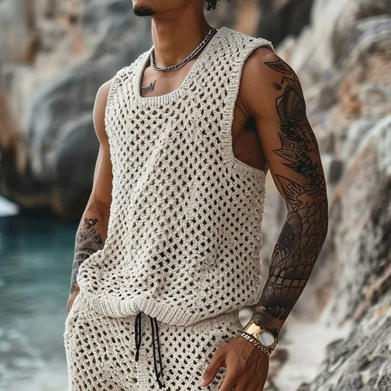 2025 Men's Summer Casual Knit Two-piece Sets Fashion Solid Loose Tank Tops and Shorts Beach Sport Suit Men Hollow Out Streetwear.