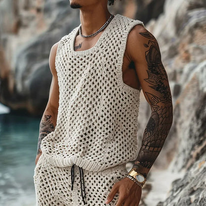 2025 Men's Summer Casual Knit Two-piece Sets Fashion Solid Loose Tank Tops and Shorts Beach Sport Suit Men Hollow Out Streetwear.