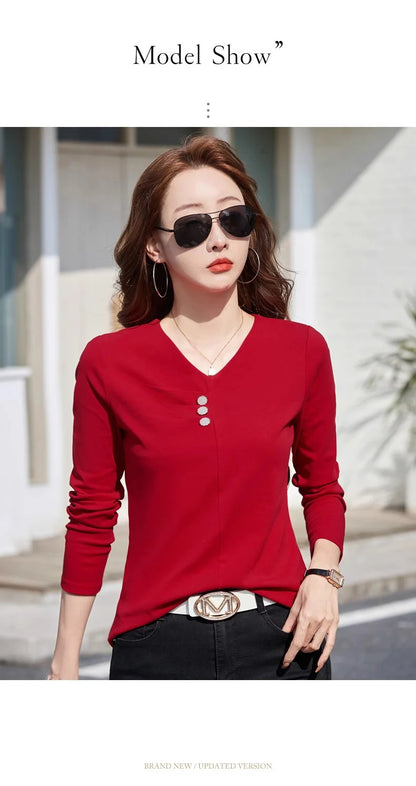 Wine red pure cotton long sleeved t-shirt for women's spring and autumn new style V-neck fashionable casual plus size loose top.
