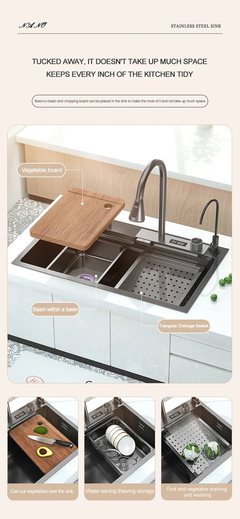 Waterfall Sink Kitchen Stainless Steel Topmount Sink Large Single Slot Wash Basin With Multifunction Touch Waterfall Faucet