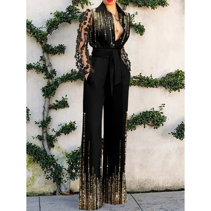 Sexy Fashion Lace Long Sleeve High Waist Single Breasted Wide Leg Pants Overalls Romper Onepices Elegant Women Corset Jumpsuit.