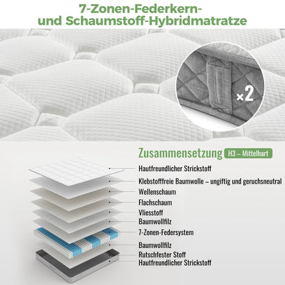 Orthopädische Kaltschaummatratze 90 x 200 cm, Matratze mit 7-Zonen-Taschenfederkernen, mittelfest – OEKO-TEX ®    Zertifiziert