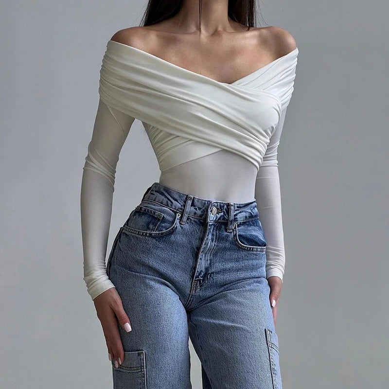 New Solid Sexy Off Shoulder Bodysuits Women Fashion Crossed Folds Skinny Rompers Long Sleeve Fashion Streetwear Autumn Bodysuits.