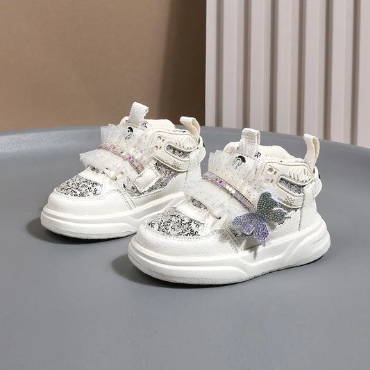 2025 New Autumn Children Shoes Leather Toddler Kids Sport Shoes Bling Bling Cute Butterfly Soft Sole Fashion Girls Sneakers.