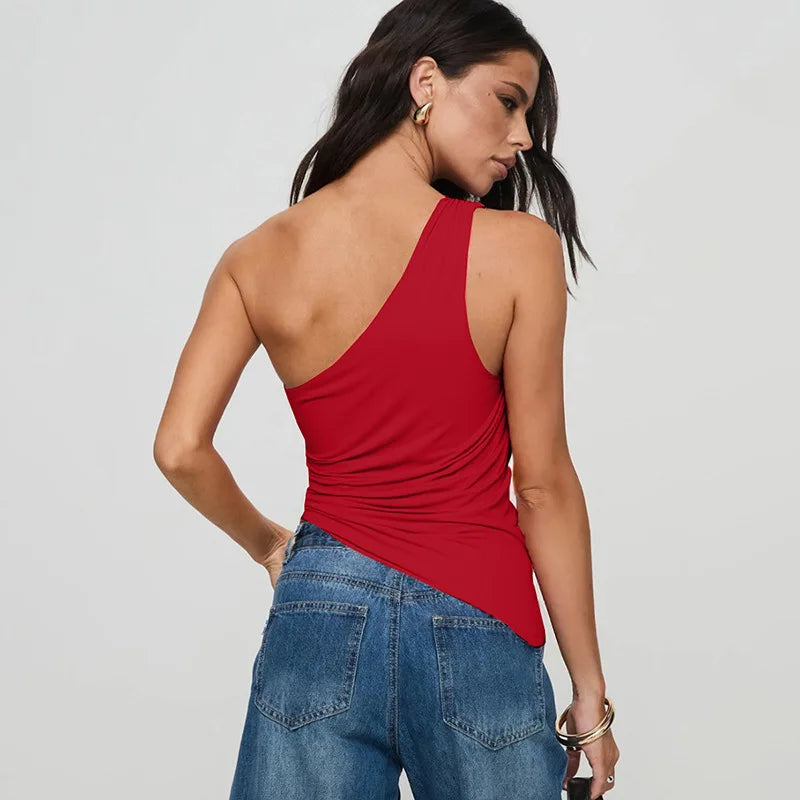 Cryptographic Summer Fashion One Shoulder Tops Slim Sexy Backless Basic Asymmetrical Women's Crop Top Tank Ruched Streetwear.