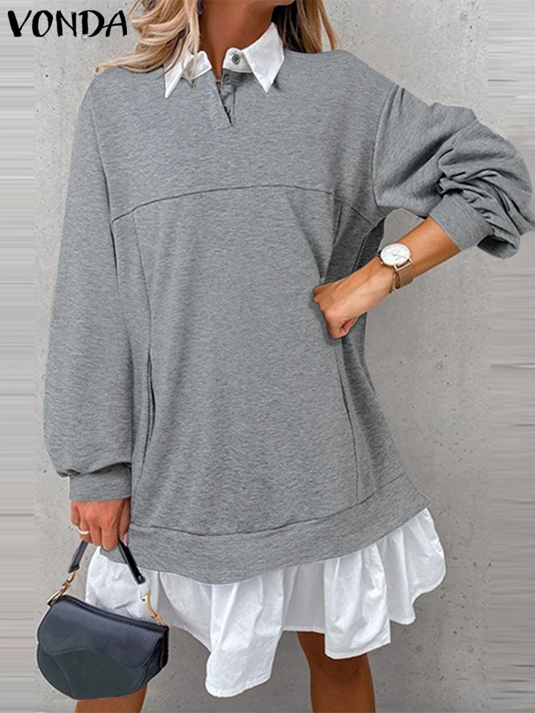 Plus Größe 5XL VONDA Frauen Hoodies Sweatshirts Mode Patchwork Kausalen Revers Kragen Gefälschte Zwei Stück Sweatshirts Lose Lange Jumper.