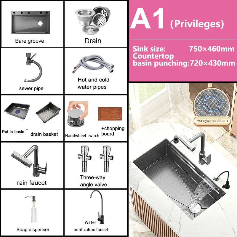 Waterfall Sink Large Single Slot Stainless Steel Kitchen Sink Embossed Washbasin Under The Basin Installation For Kitchen