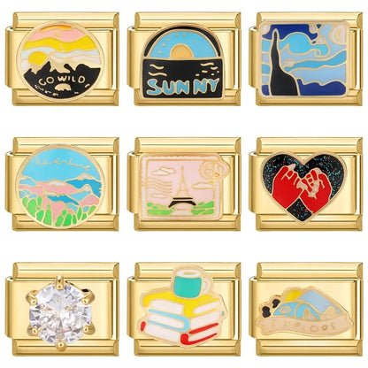 New Fashion 9mm 15 Style Italian Modular Charm Bracelet Fashionable Leisure Holiday Scenery Literary Modular Elastic Bracelet.