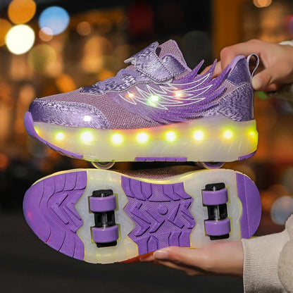 Boys Girls Roller Shoes LED Light Up USB Charging Children Roller Skate Casual Skateboarding Shoes Sports Shoes Kids Sneakers.