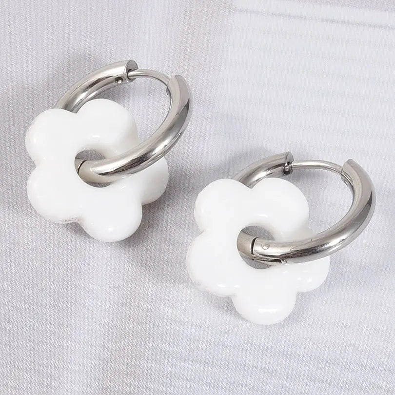 Colorful Flower Glass Drop Charms Earring Gold Color Circle Ear Buckle Hoops Stainless Steel Earrings Fashion Jewelry for Women