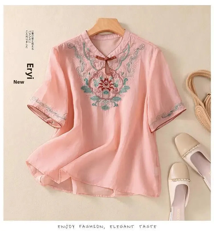Retro Chinesischen Stil Lose Fit Baumwolle Leinen Kurzarm Shirt frauen Sommer Schwere Stickerei Abnehmen Top Flagge Kleid