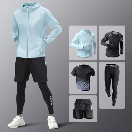 5pcs Men's Lightweight Summer Ice Silk Athletic Set Quick-Dry Running Clothes Outdoor Kit Cycling Fitness Men's Sportswear Set.