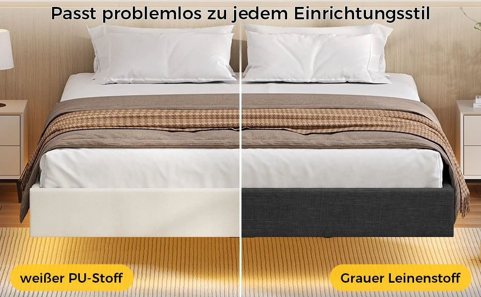 140x200 cm Polsterbett mit LED-Beleuchtung, schwebendes Bettgestell mit visuellem Effekt und Lattenrost, Bett 140x200 cm Bettrahmen