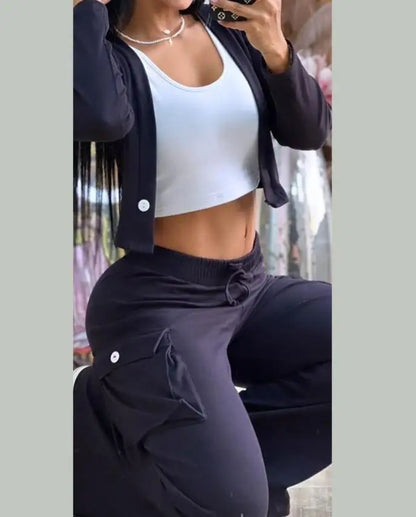 Women's Casual Two Piece Sets Spring Autumn Fashion Cardigan Long Sleeve Short Top Big Pocket Cargo Pants Sets 2024 Outifits.