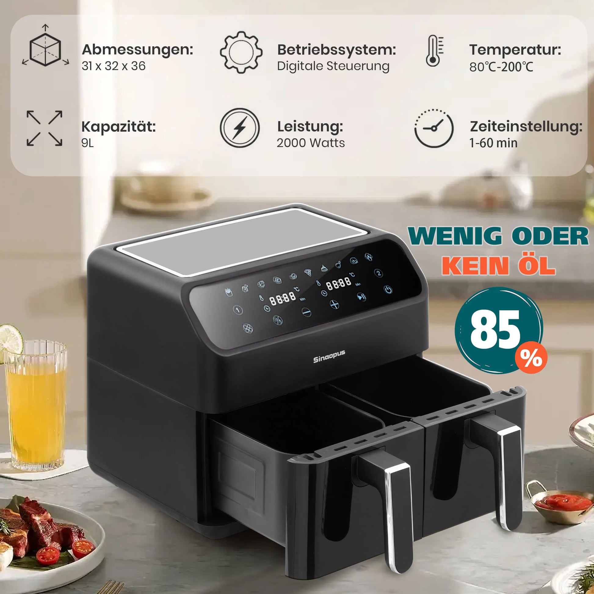 Sinaopus 2000W 9L XXL Hot Air Fryer with Dual Chambers Multi-function LED Touch Screen Timable Oil-Free Cooking Air Fryer.