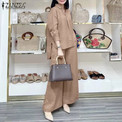 ZANZEA Fashion Women Casual Trousers Suits 2PCS Autumn Long Sleeve Blouse Solid Wide Leg Pants Sets Loose Work Tracksuit Outifit.