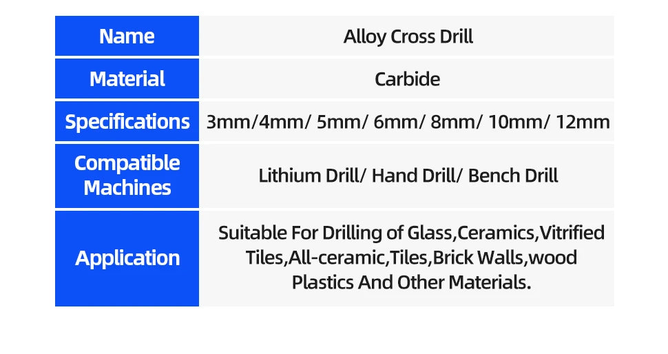 Kreuz-Sechskant-Fliesenbohrer für Glas, Beton, Keramikfliesen, Lochöffner, Tunstenkarbid, Hartmetall-Bits-Set, Werkzeuge, 3, 4, 5, 6, 8, 10, 12 mm