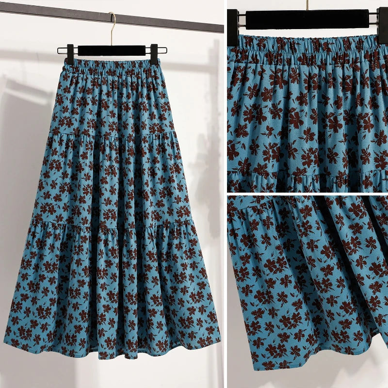 2025 Vintage Draped Elegant Chinese Style Women's Half-length Skirts Autumn Floral Pleated A- Line Skirt With Lining.