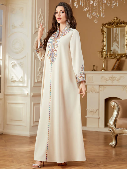 Dubai Muslim New Fashion Women's Embroidereid Long Sleeve V-neck Loose A-line Ankle Length Dresses Female Trendy Elegant Clothes.