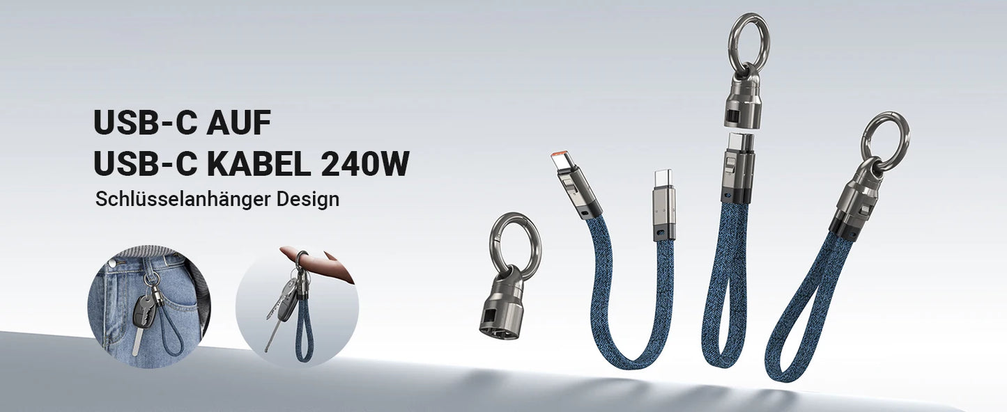 AUFU PD240W USB-C to USB-C Super Fast Charge Data Cable Zinc Alloy Head Lanyard 2 in 1 Phone Lanyard Charge Cable For IPhone SUM.