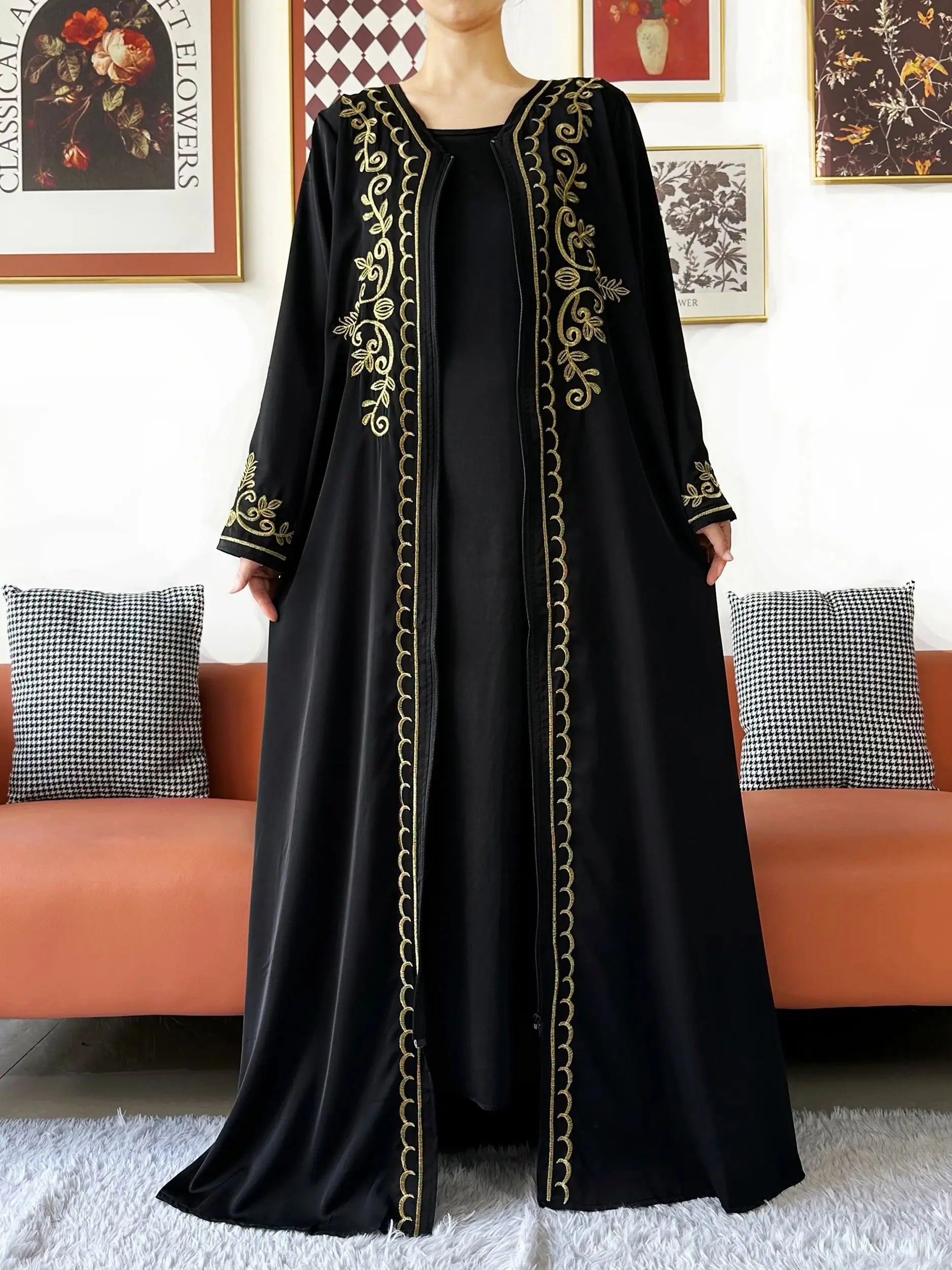 2025 New Elegant Women Abaya Long Sleeve Chiffon Loose Open Abaya Muslim Islamic Clothing Cardigan Style for Special Occasions.