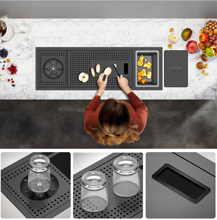 Nanometer Black Hidden Cup Rinser Bar kitchen Sink SUS 304 Stainless Steel Handmade Cup Washer Bar kitchen Sinks With Trash Can