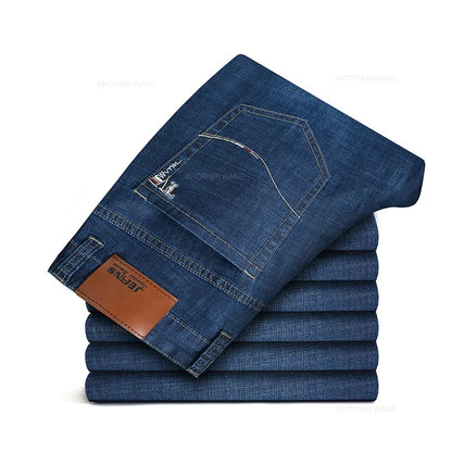 Sommer Dünne männer Gerade Jeans Klassische Schwarz Blau Stretch Casual Business Baggy Denim Hosen Männliche Marke Hosen