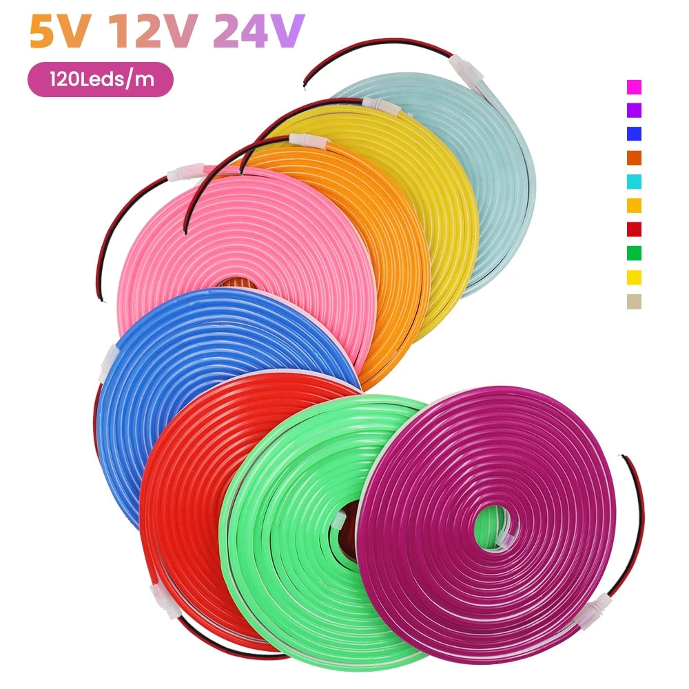 5V 12V 24V Neon LED Strip With 2Pin Wire 120LEDs/M IP67 Silicon Tube Bar Lamp Soft Flexible DIY Light Sign Rope 3000K-6500K.