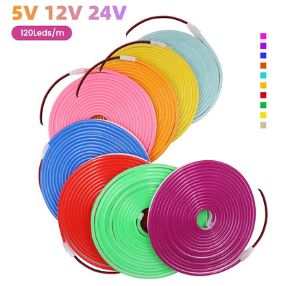 5V 12V 24V Neon LED Strip With 2Pin Wire 120LEDs/M IP67 Silicon Tube Bar Lamp Soft Flexible DIY Light Sign Rope 3000K-6500K.