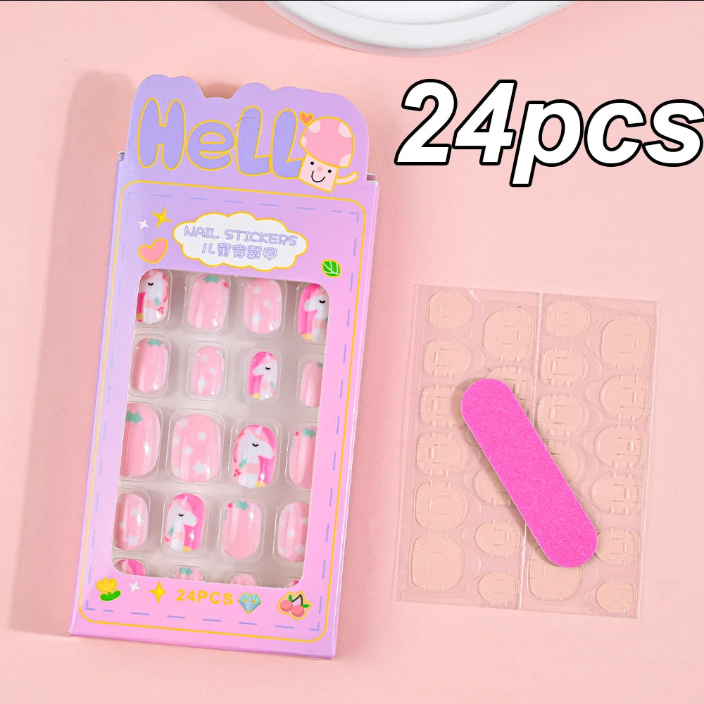 120pcs/box Pink Cartoon Children Press On Nails Candy Color Unicorn Cat Bunny Kids Full Cover False Nail Girls Party Nail Decora