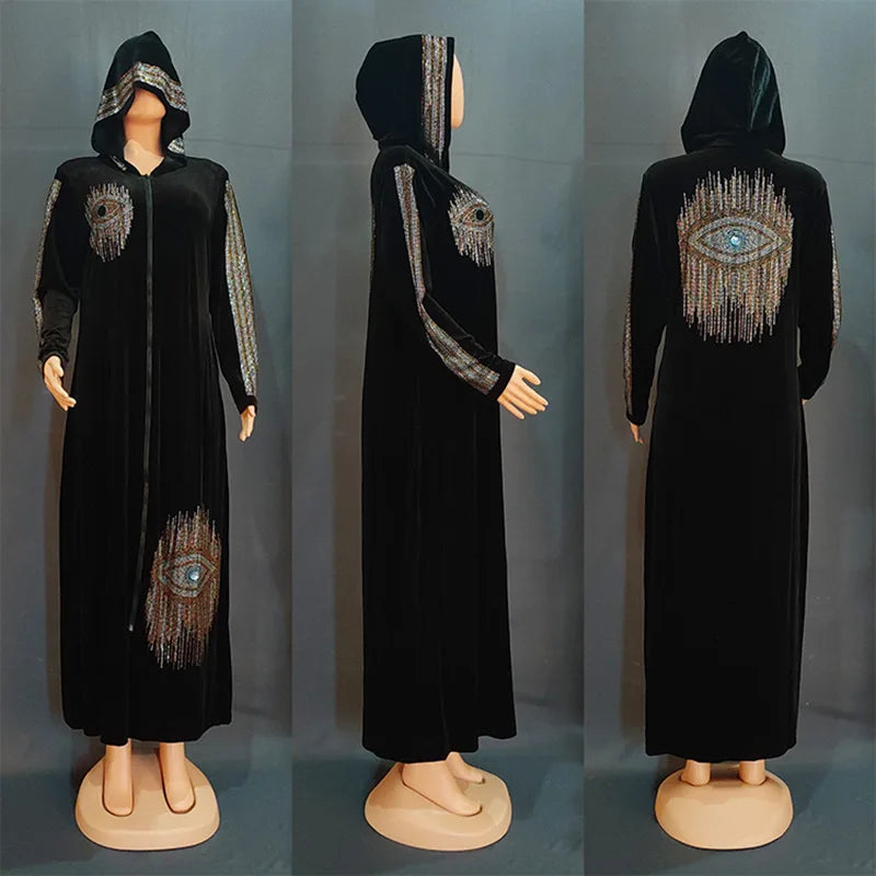 Long Sleeved Hooded Muslim Dress Velvet Diamond Clothing for Women Dubai Abayas Casual Korean Style Kaftan Evening Dress Abayas.