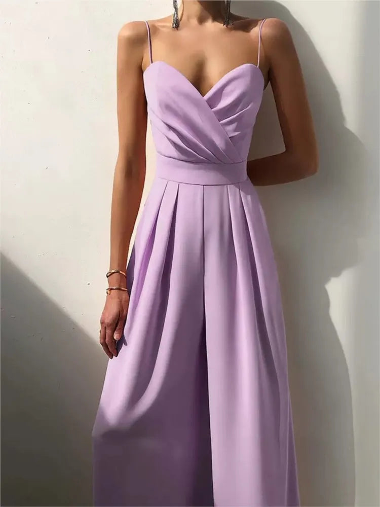 Summer Sexy Suspender Women's Jumpsuits Fashion Pleated Elegant Ladies Wide-leg Jumpsuits Trousers For Woman Party Rompers 2025