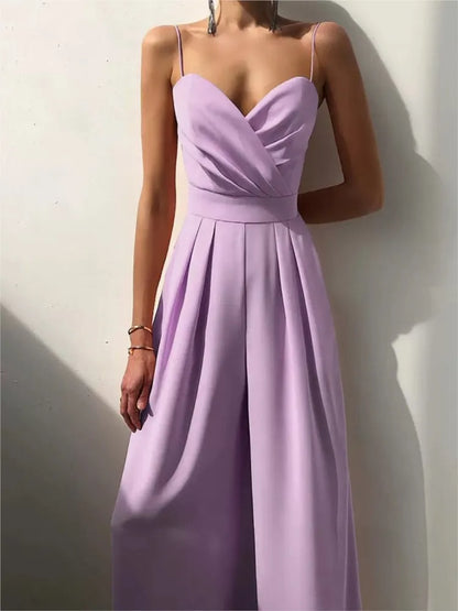 Summer Sexy Suspender Women's Jumpsuits Fashion Pleated Elegant Ladies Wide-leg Jumpsuits Trousers For Woman Party Rompers 2025