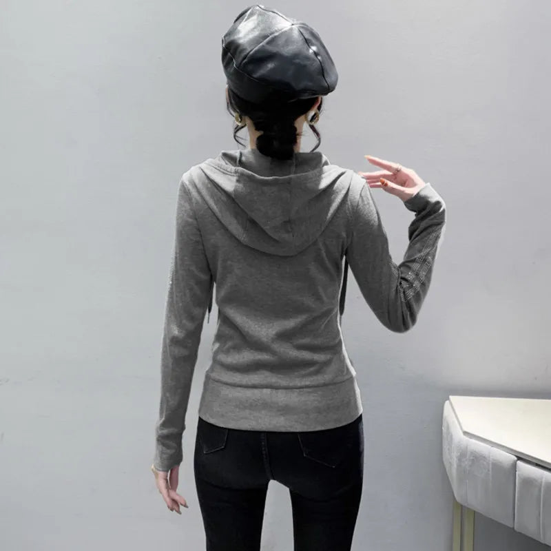 #7937Black Grey Women Hoodies Sweatshirt Tops Pullovers Diamonds Letters Slim Streetwear Short Hoodies Woman Zipper Korean Style.