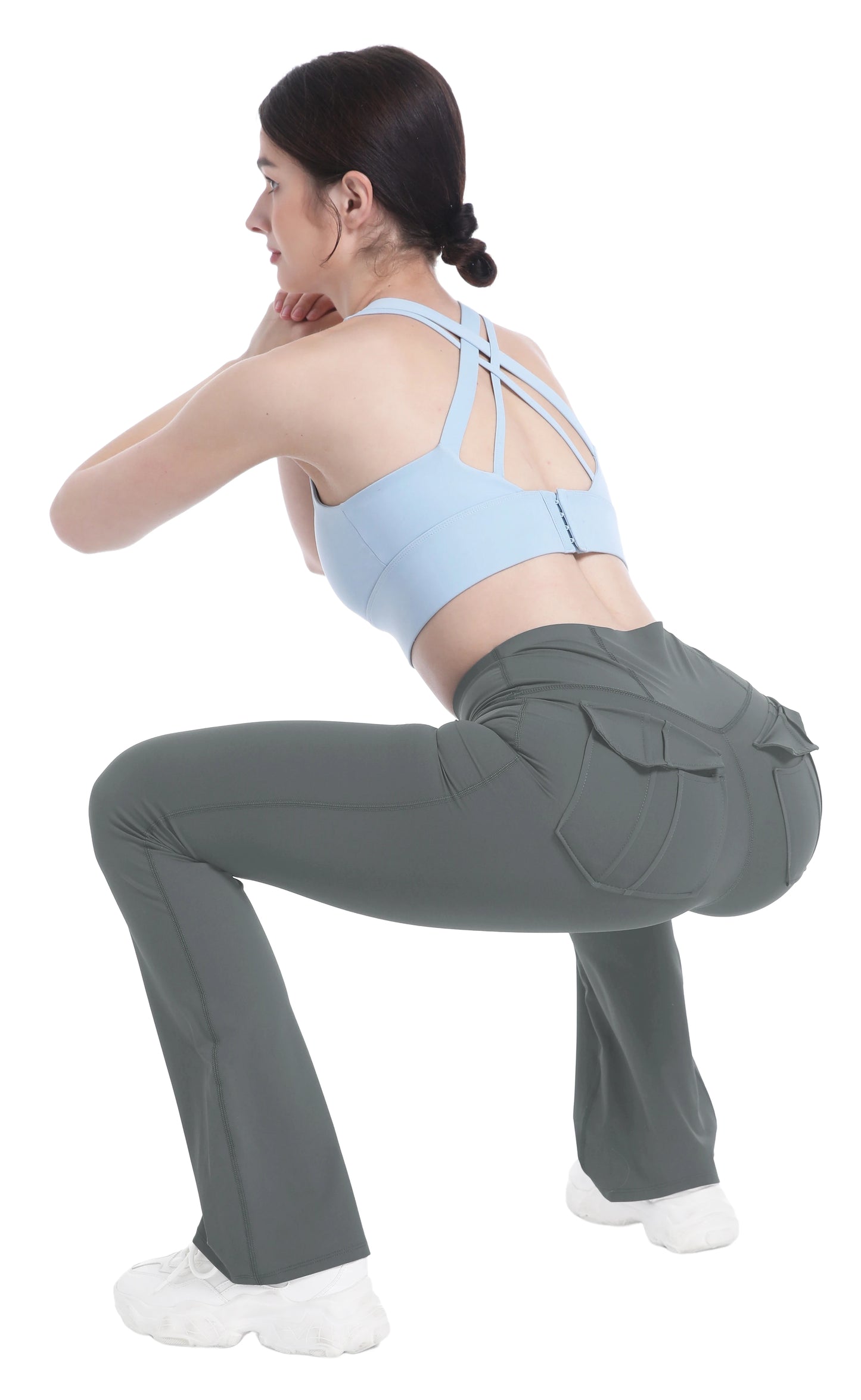 Damen-Leggings mit ausgestellten Taschen, weiche Yoga-Hose im Cargo-Stil, hohe Taille, schmale Hose, Fitness- und Bodybuilding-Sportbekleidung.