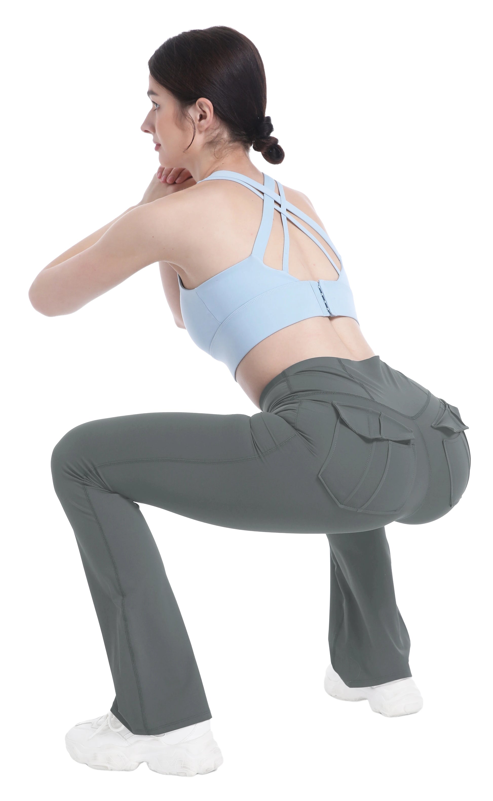 Damen-Leggings mit ausgestellten Taschen, weiche Yoga-Hose im Cargo-Stil, hohe Taille, schmale Hose, Fitness- und Bodybuilding-Sportbekleidung.