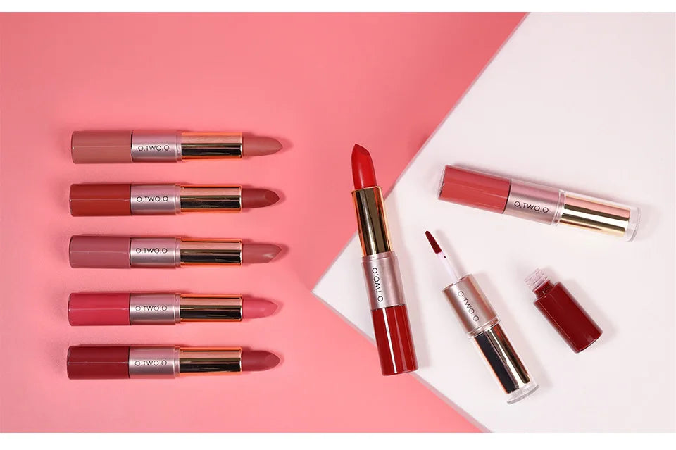 O.TWO.O 2 IN 1 Matte Lipstick&Liquid Lipstick 12 Colors Makeup Lip Glaze Waterproof Batom Lip Cosmetics Silky Texture.
